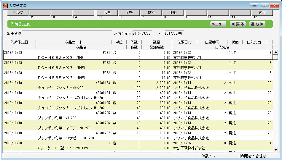 入荷予定表